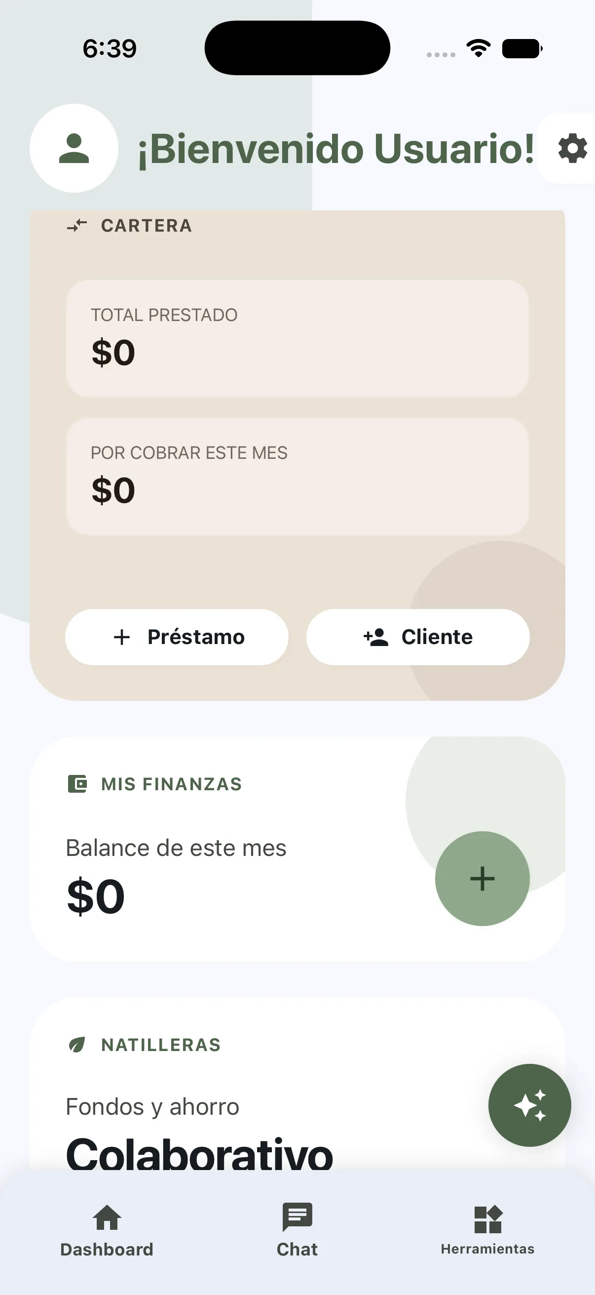 Finymo dashboard showing the loan portfolio, monthly balance and natilleras