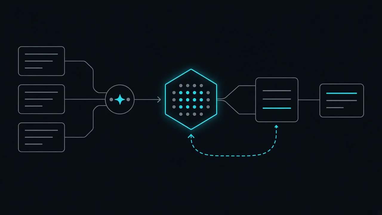 Schematic of the retrieval pipeline — sources, embeddings, vector store, and an agent loop back into retrieval